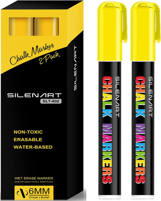 SILENART Yellow Chalk Markers 2 Pack - Yellow Dry Erase Markers Pen - Liquid Chalk Markers for Chalkboard, Window, Glass, Mirror, Blackboard - 3-6mm Reversible Tip