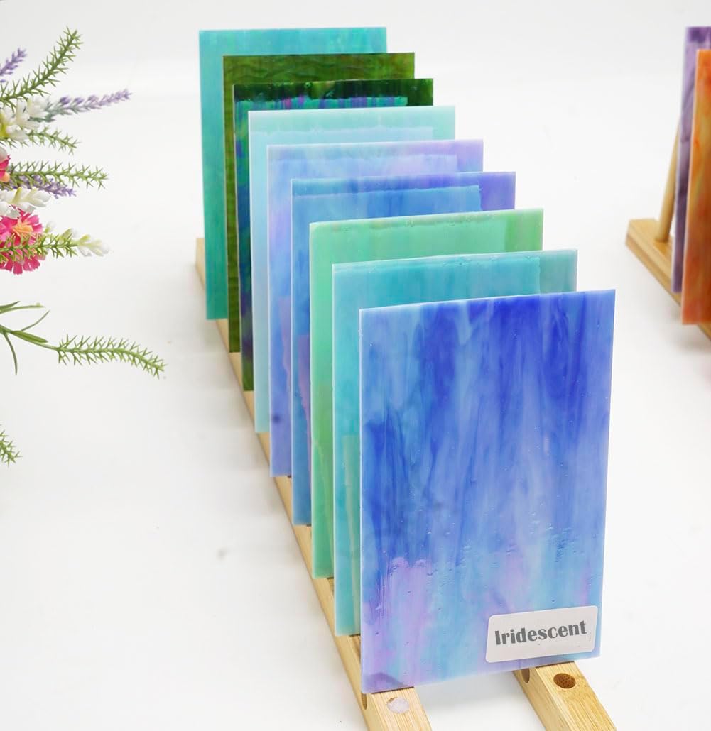 Lanyani 26 Sheets Sparkly Iridescent Stained Glass Sheets Variety Assortment Pack, Opaque Shimmery Art Glass Sheets for Mosaic DIY Glass Crafts,4x6 inches