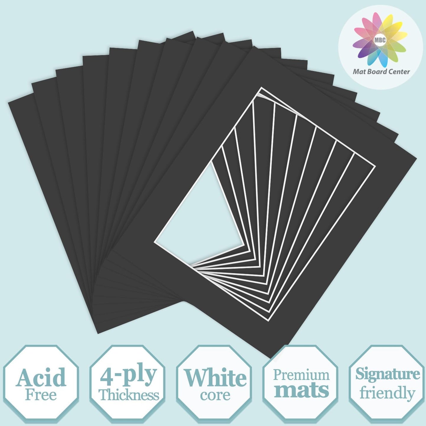 MBC MAT BOARD CENTER, 10 Pack 8x10 for 6x8 Black Picture Mats Frame Mattes, Bevel Cut, Acid Free, 4-ply Thickness