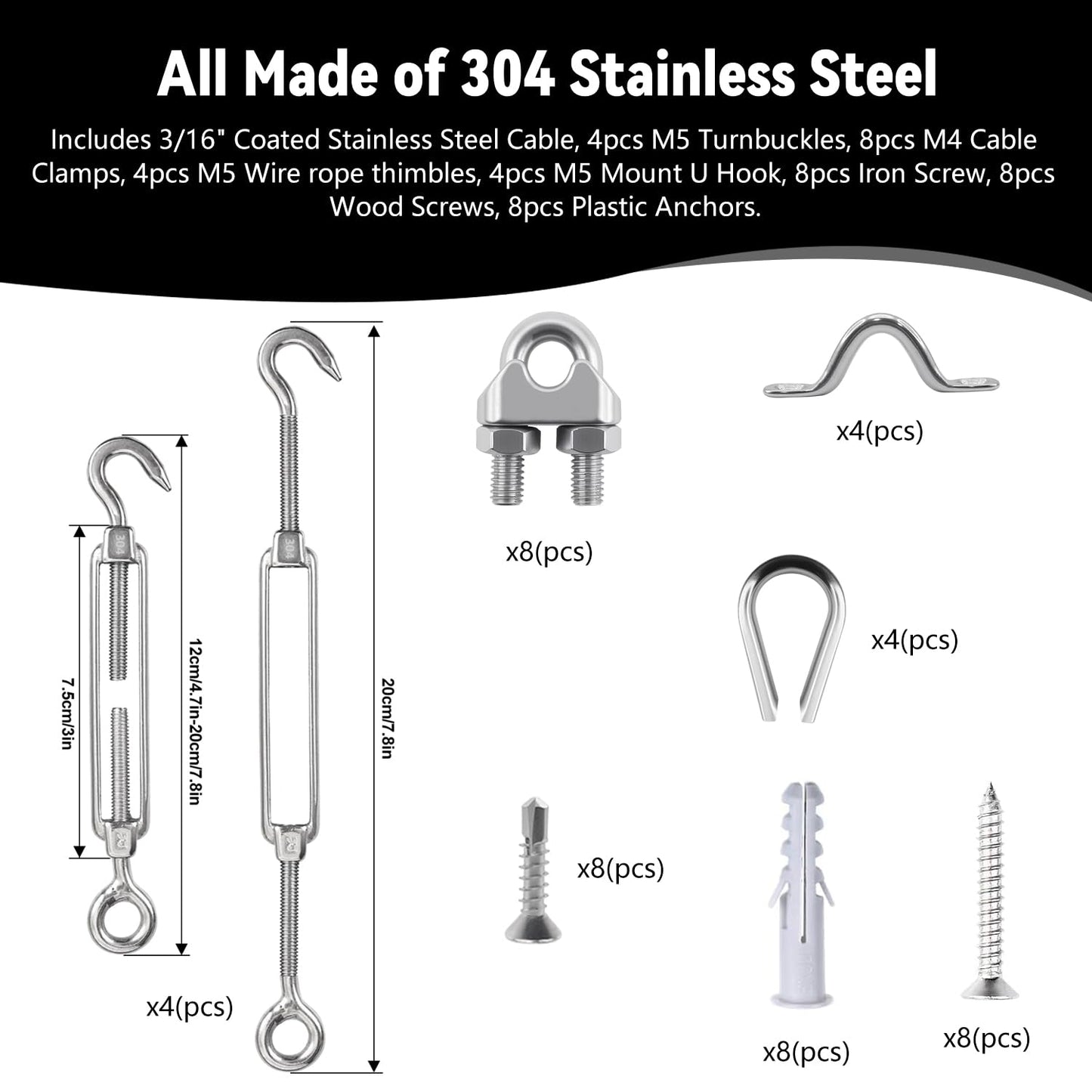 3/16" Sunshade Sail Hardware Kit, Turnbuckles for Cables Wires, PIUM PVC Coated Wire Rope Kits, 50Ft Stainless Steel Cable for Clothes Line Wires, String Light Hanging and Garden Plant Trellis