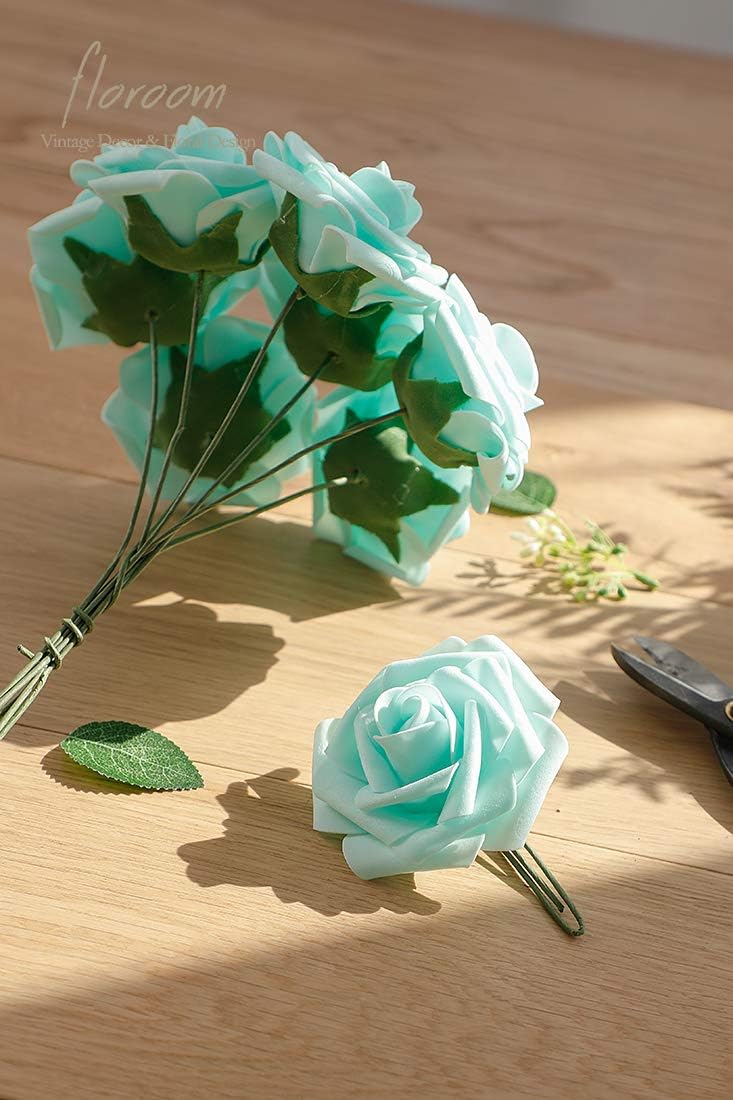 Floroom Artificial Flowers 25pcs Real Looking Robin's Egg Blue Foam Fake Roses with Stems for DIY Wedding Bouquets Baby Shower Centerpieces Floral Arrangements Party Tables Home Decorations