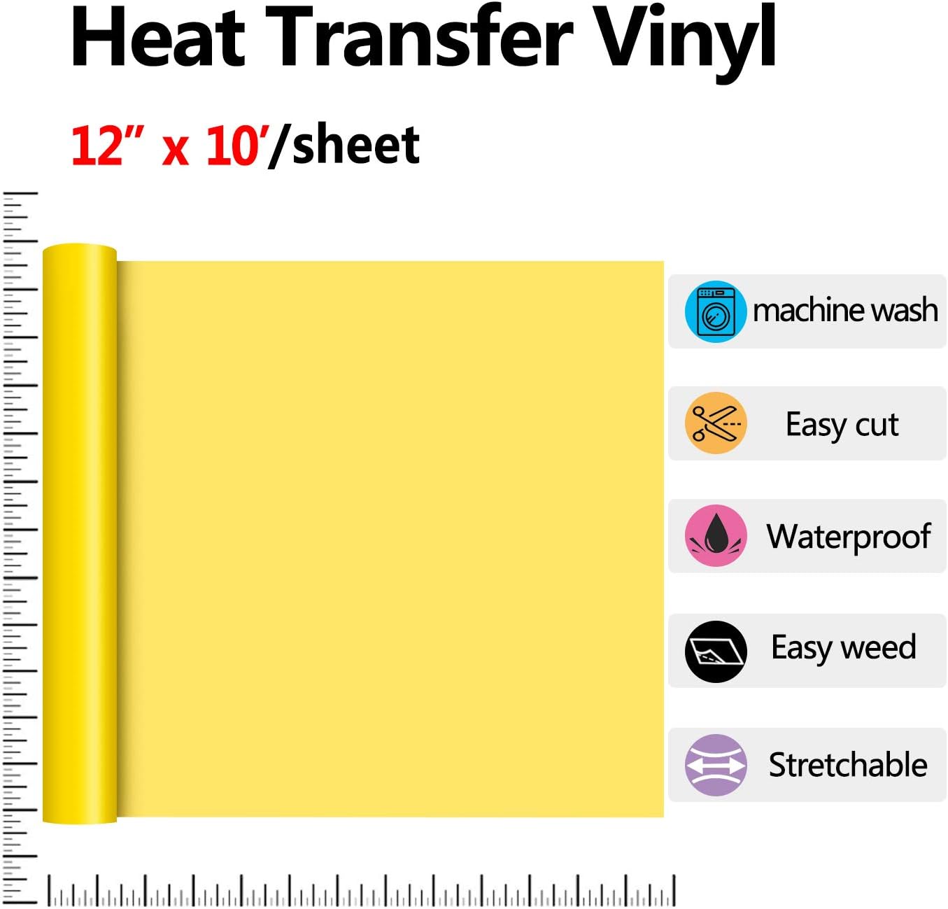RENLITONG Yellow HTV Iron on Vinyl 12Inch by 10ft Roll HTV Heat Transfer Vinyl for T-Shirt HTV Vinyl Rolls for All Cutter Machine - Easy to Cut & Weed for Heat Vinyl Design