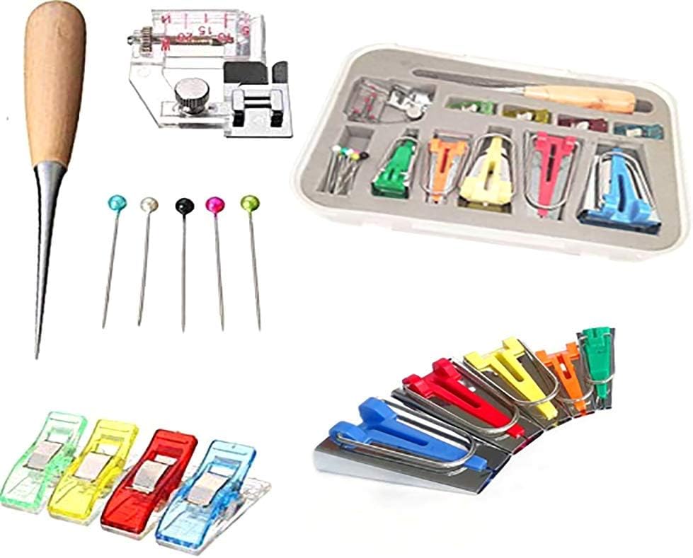 YICBOR Bias Tape Maker 6mm 9mm 12mm 18mm 25mm Fabric Bias Binding Maker with Binder Foot Bradawl Quilting Clips Sewing Pins Kit (Bias Tape Maker(Box))