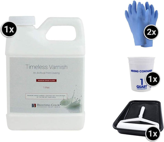 Breathing Color Timeless Archival Print Varnish - 1 Quart, Glossy Finish, Best Canvas Coating, Certified Archival Quality, Includes Foam Roller, Mixing Cups, and Gloves