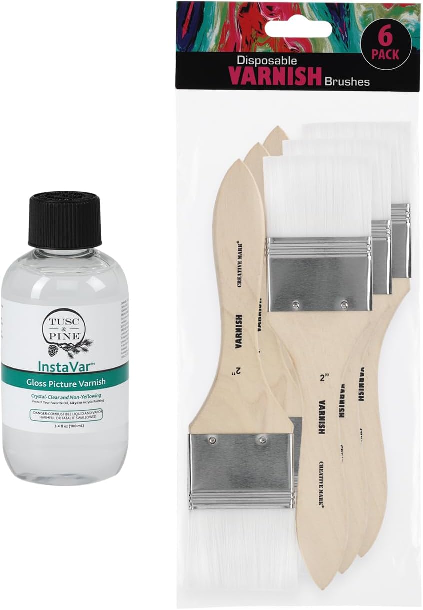 Jerry's Artarama InstaVar™ Gloss Picture Varnish & Varnish Brush Sets - Perfect for Varnish Paintings, Artists, Professionals, Restoration, & More! - 3.4oz Bottle w/ Set of 6 Brushes