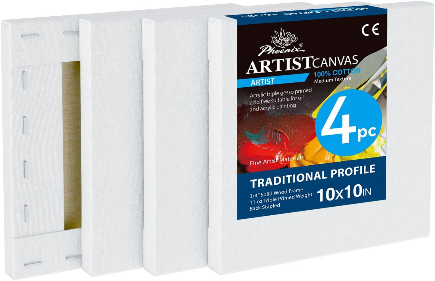 PHOENIX 10x10 Inch 4 Pack Artist Canvas - Square Stretched Canvases for Painting - 3/4 Inch Profile, 100% Cotton 11 Oz. Gesso Primed White Blank Professional Canvas Oil & Acrylic Paints