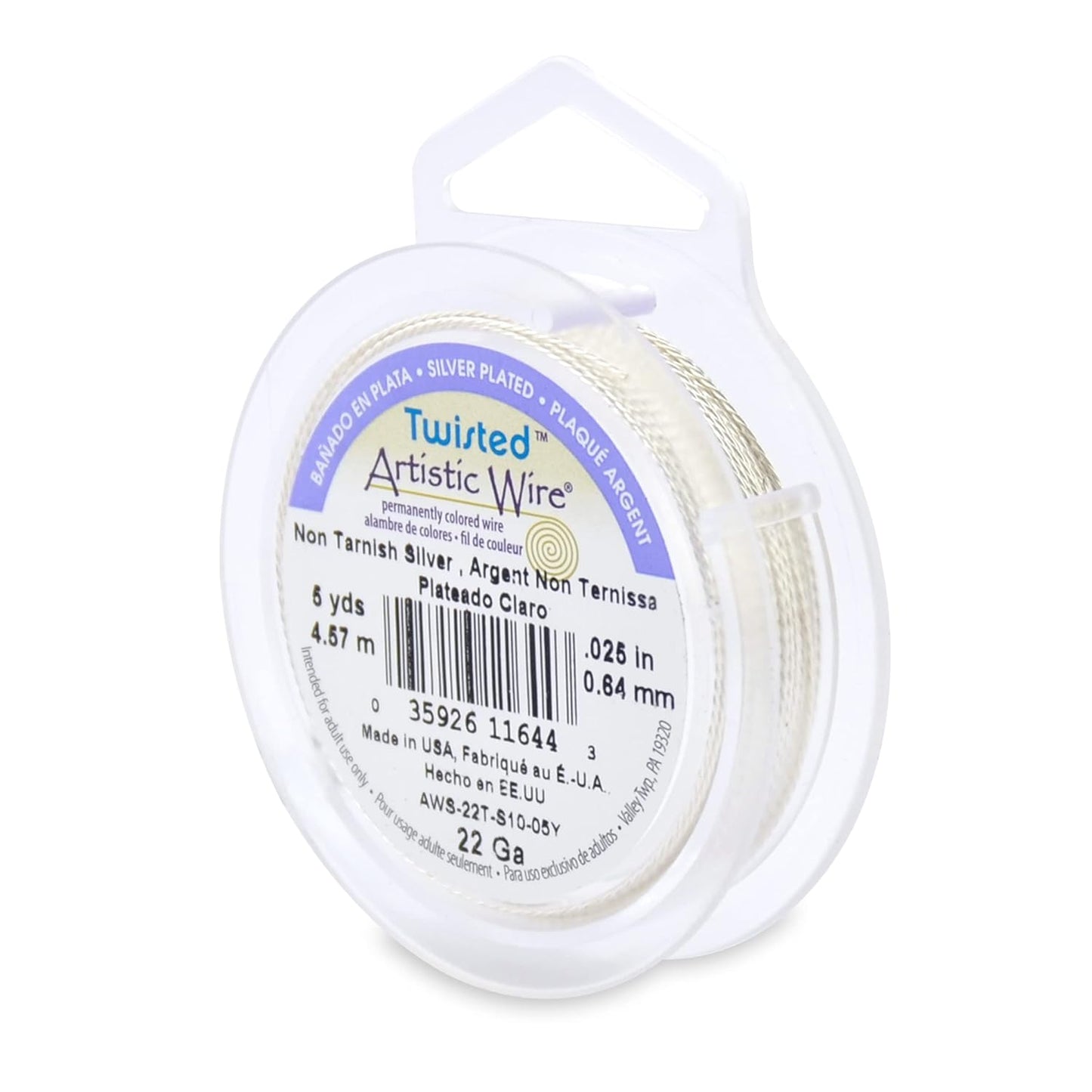 Artistic Wire, 22 Gauge / .64 mm Silver Plated Tarnish Resistant Colored Copper Craft Wire, Round Twist, Tarnish Resistant Silver, 5 yd / 4.57 m