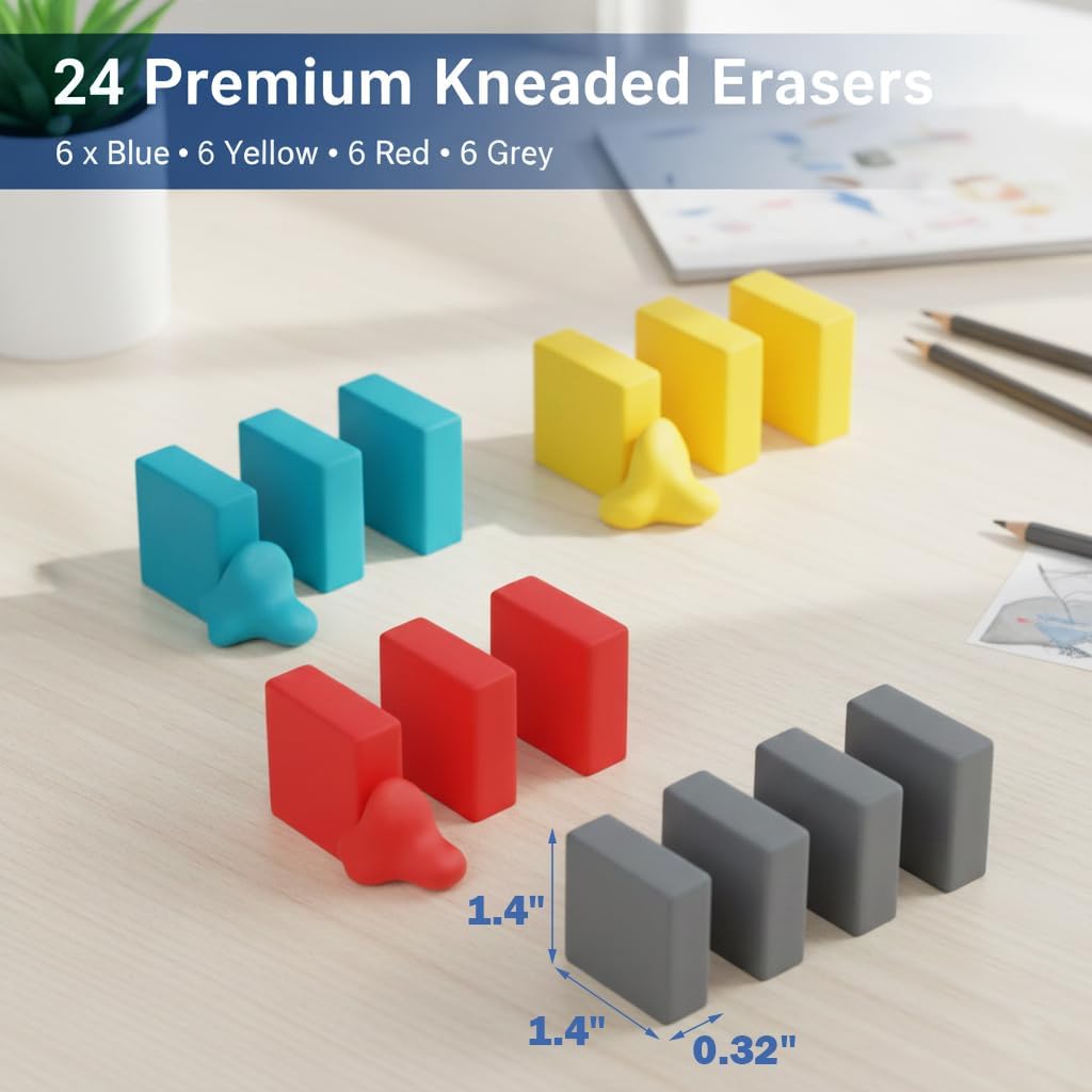 24 Pack Kneaded Erasers, Assorted Colors, for Artists,Drawing,School Supplies,Sketching Supplies and Office (Blue/Red/Yellow/Grey)