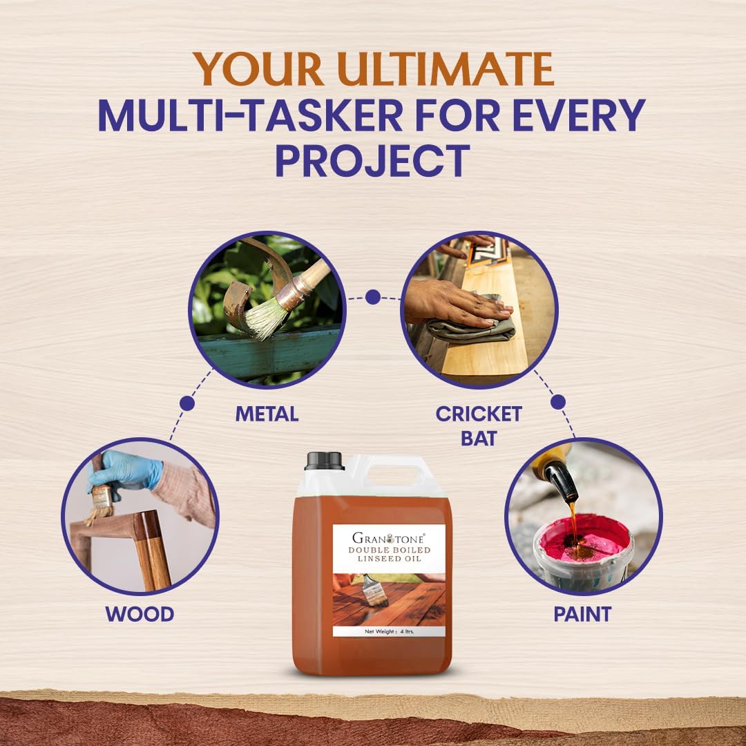 GRANOTONE Double Boiled Linseed Oil | Effective Waterproof Furniture Polish Oil, Used for Wood Finishing, Sports Goods Like Cricket Bat, Filling Cracks, Mixing with Paint and Wall Putty, 1 Ltr