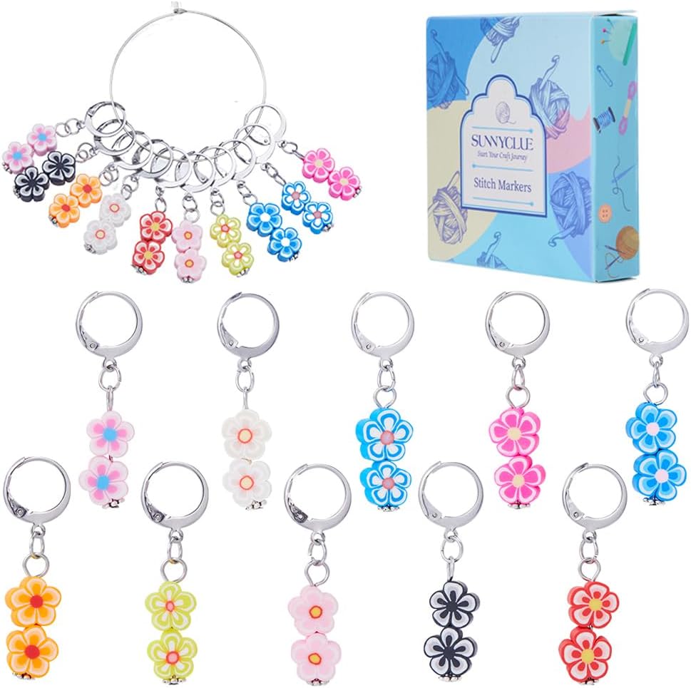 SUNNYCLUE 1 Box 20Pcs Knitting Stitch Markers Polymer Clay Flower Beads Cute Charms Removable Locking Crochet Marker Clip on Crocheting Charms for Sewing Weaving Knitting Yarns DIY Craft Supplies