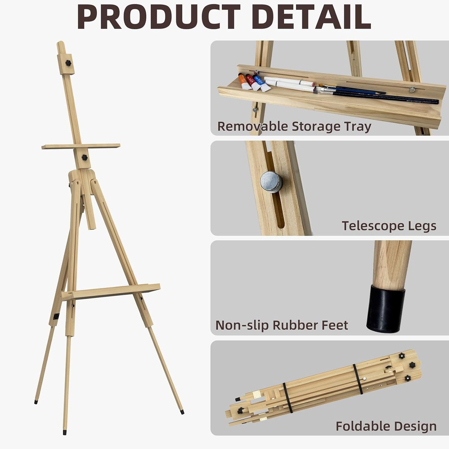 Tripod Easel for Painting, Art Wooden Easel Stand for Adults or Students, Hold 1 or 2 Canvas up to 60’’, Display Portable Easel for Drawing, Landscape Artist, Wedding Sign, Pine
