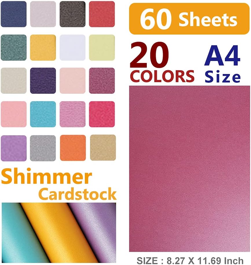 UCEC Cardstock Paper, 8.5'' x 11'', 60 Sheets 20 Colors, Shimmer Cardstock Paper, Double-Sided Rainbow Bright Card stock Paper for DIY Art, Crafts, Scrapbook, Card Making, School Supplies, 250 GSM