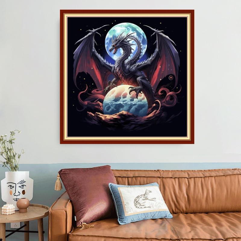 Joyhoor Stamped Cross Stitch Kits for Beginners, Needlepoint Kits for Adults, 11CT Counted Embroidery Kits-Moon Dragon 18x18 inchs