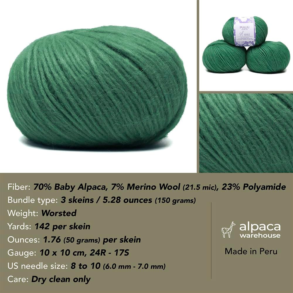 Pullu - Baby Alpaca Merino Wool Yarn Set of 3 Skeins (150 Grams) Worsted Weight - Sourced Directly from Peru - Heavenly Soft and Perfect for Knitting and Crocheting (Silver Noir)
