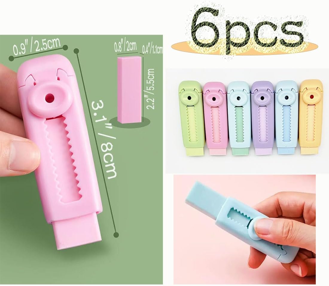 6Pcs Pastel Pencil Rubber Erasers Sliding Retractable Eraser Rectangular Push Pull Large Pencil Eraser with Plastic Sleeve Refill Writing Art Eraser for School Office Drawing