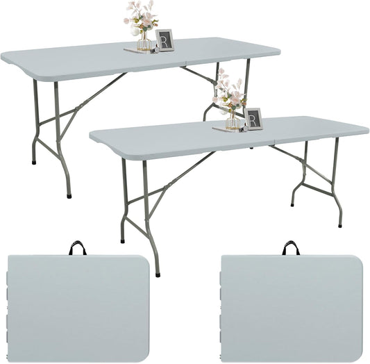 2 Pack 6 FT Folding Tables Grey Foldable Table, Fold-in-Half with Carrying Handle Portable Plastic Rectangular Table for Party, Dining, Wedding, Camping, Picnic, Indoor Outdoor Events