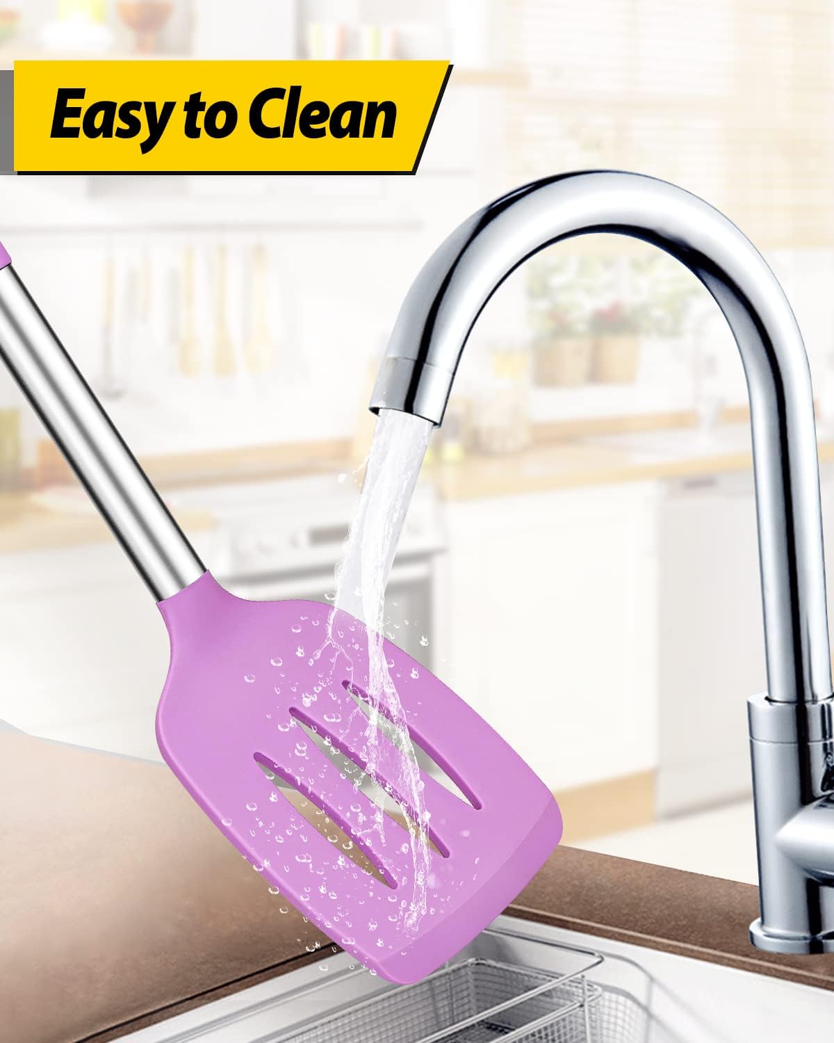 Pack of 4 Silicone Cooking Utensils Set, Non Stick Large Solid Spatulas, Heat Resistant Purple Slotted Spoons, Ideal BPA Free Kitchen Turners for Frying, Mixing,Serving,Draining,Turning,Stirring