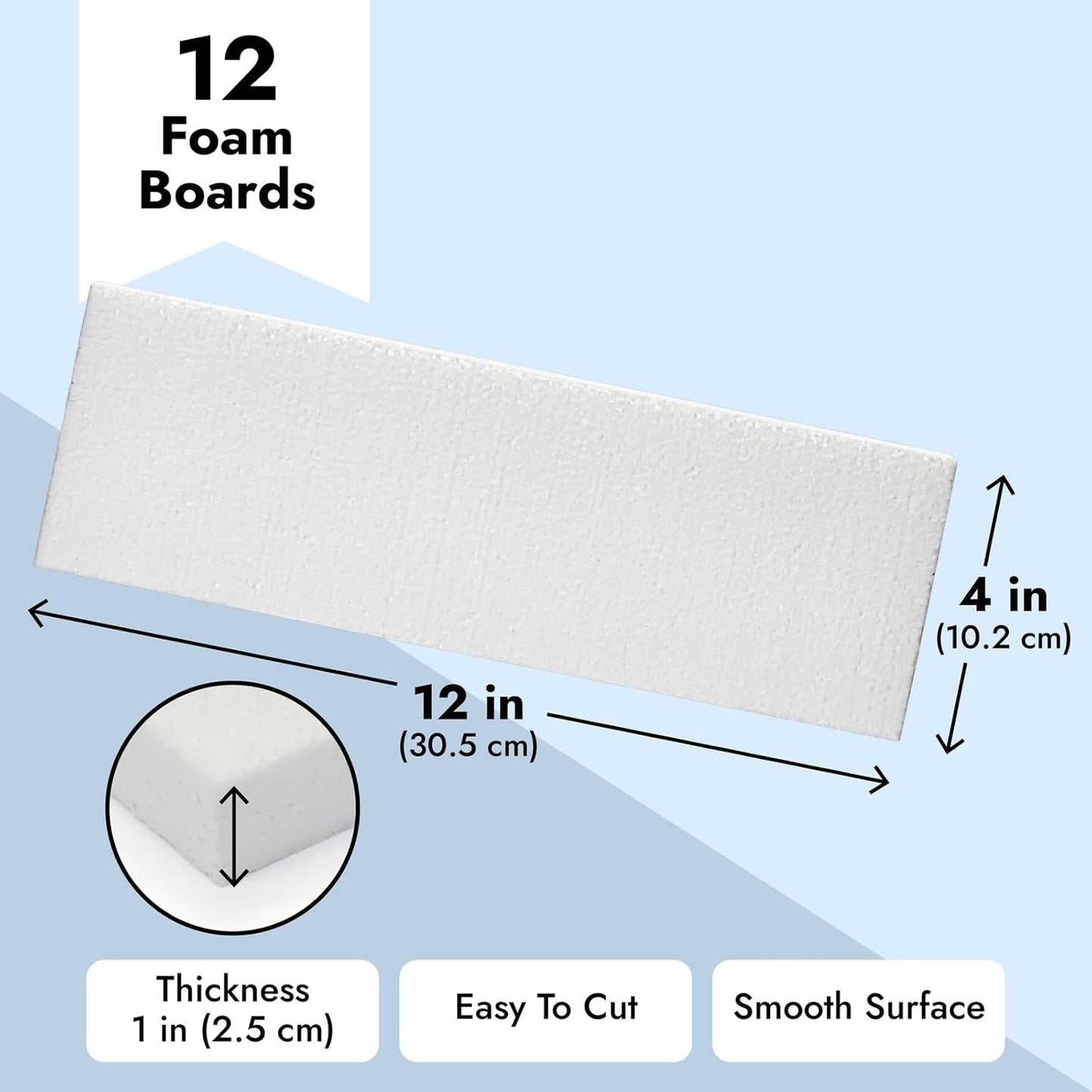 Juvale Foam Rectangle Blocks for Crafts - 12 in x 4 in x 1 in, White, 12 Pack - Cuttable & Paintable for Diorama Foam Boards & Sheets, Model Making & School Projects