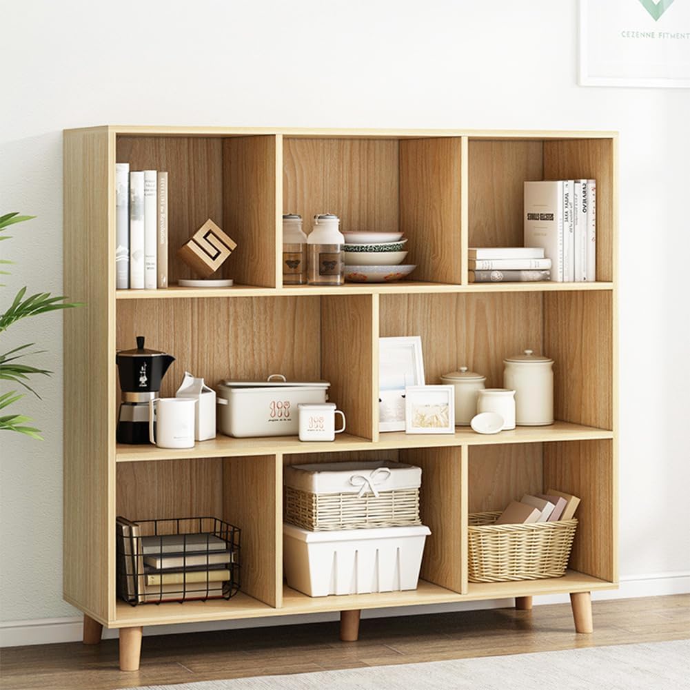 IOTXY Open Cube Low Bookcase - 3-Tier Freestanding Storage Display Cabinet Organizer with Legs for Home Office, 8-Cubes Open Shelf Short Bookshelf, Oak