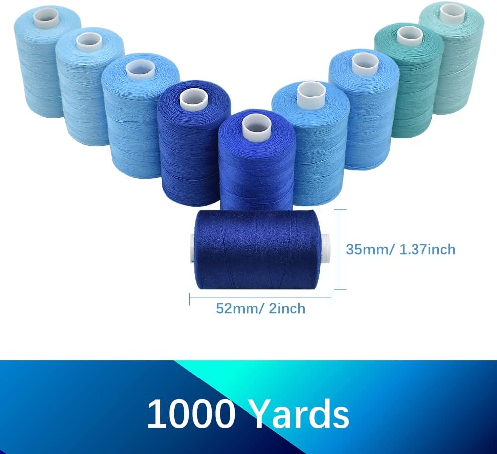 Sewing Thread 10 Color Sewing Industrial Purpose 1000 Yards Per Spool 40S/2 Polyester for DIY Sewing Machine,Embroidery Machine,Hand Sewing (Blue)