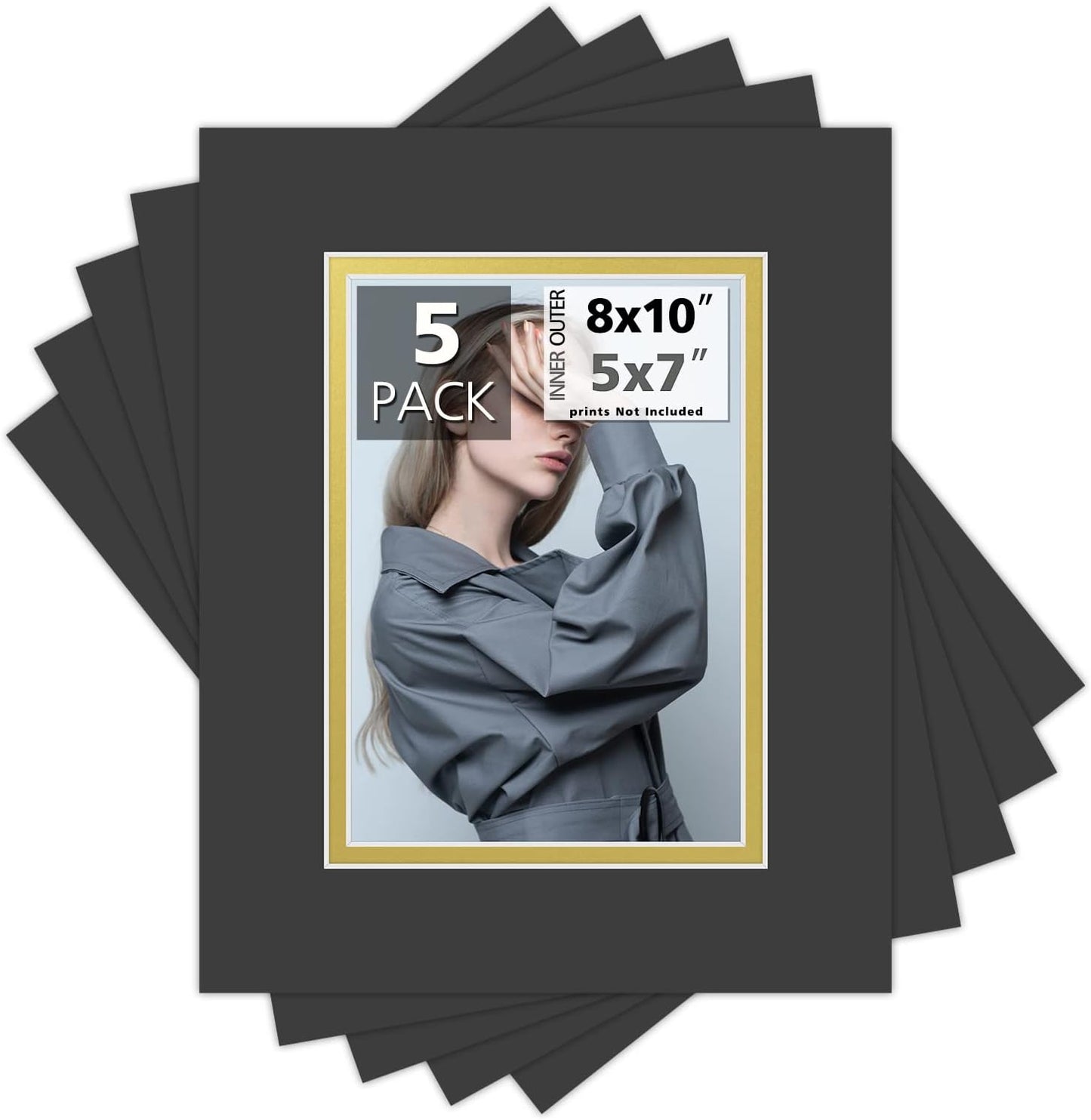 Mat Board Center, Double Mat - Acid Free, 8-ply Thickness, White Core - for Pictures, Photos, Framing (Black Over Gold, 8x10 for 5x7, Pack of 5)