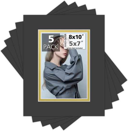 Mat Board Center, Double Mat - Acid Free, 8-ply Thickness, White Core - for Pictures, Photos, Framing (Black Over Gold, 8x10 for 5x7, Pack of 5)