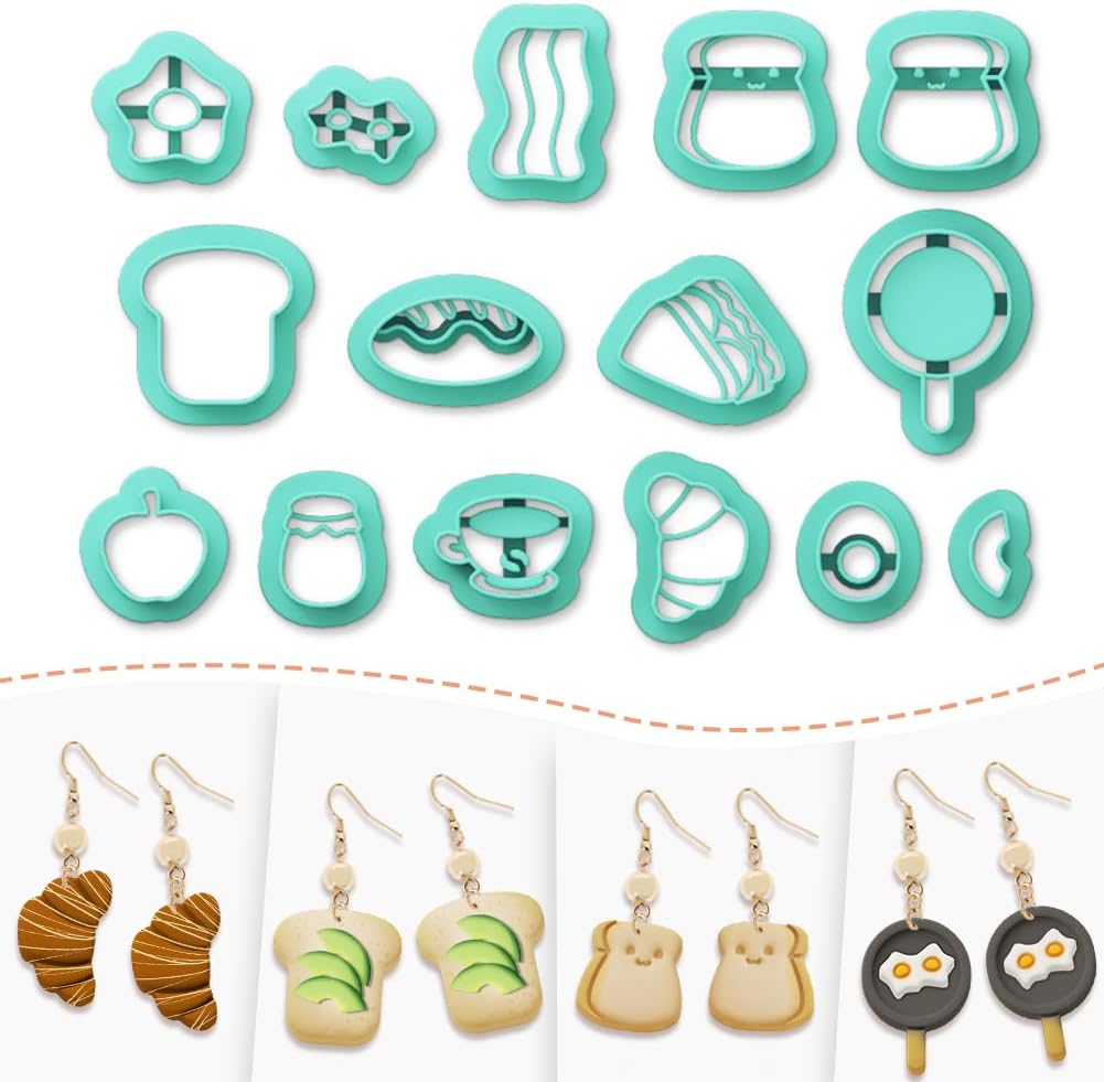 ACRNIGHEET Polymer Clay Cutters - 15 Shapes Food Breakfast Bread Theme Polymer Clay Cutters for Jewelry, Cute Earring Making Kit with Storage Box