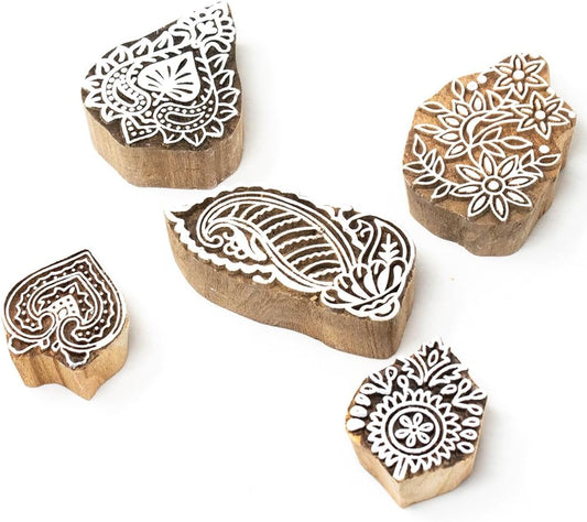 Hashcart Wooden Indian Traditional Design Printing Stamps/Blocks for Printing Saree Border/Dresses/Craft Card Making/Scrapbook/Clay Pottery (Set of 5)