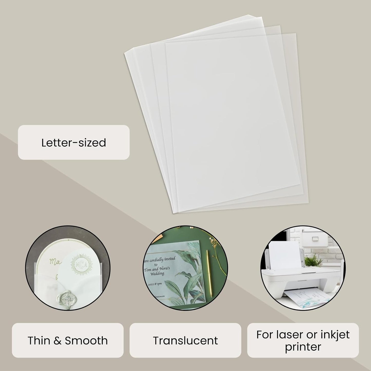 Paper Junkie Vellum Paper - 8.5 x 11 in, 100 Sheets White Translucent - Translucent & Transparent Printer Sheets for Inkjet & Laser - Printable Tracing Paper for Invitations, Sketching & Drawing