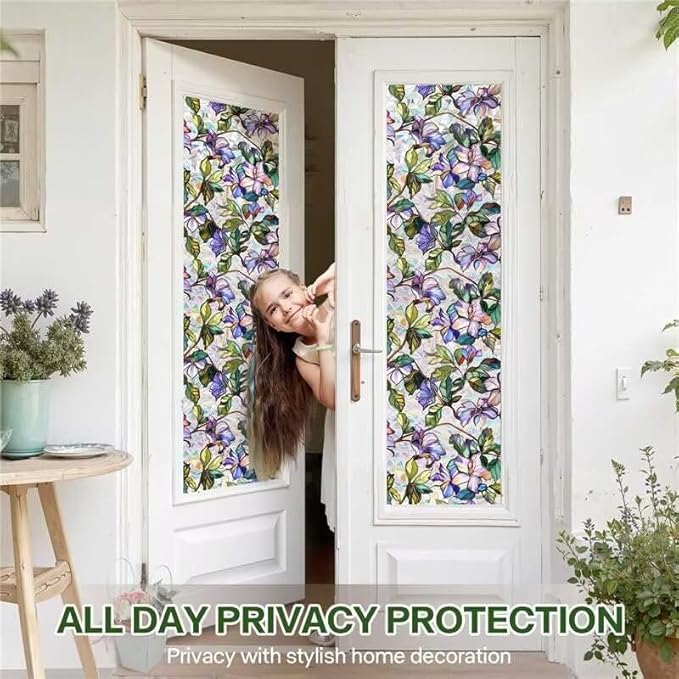 Purple Flower Window Privacy Films, Stained Glass Rainbow Floral Window Sticker Decor, Sun Blocking Removable Static Cling Film for Bathroom Living Room Bedroom Sunroof, 17 x 39.37 Inch