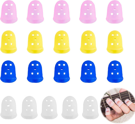 Guitar Fingertip Protector Silicone Thimble 20 PCS Rubber Finger Tips with 5 Sizes (XS-XL),4 Colors for Hand Embroidery Sewing, Carving, Comfort Grip for Guitarists, Office Workers