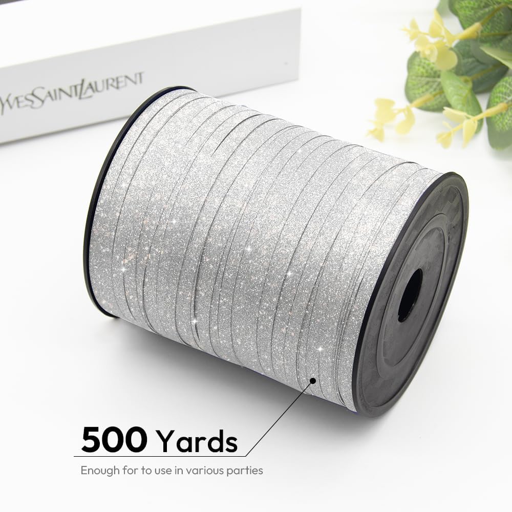 KMER LIFE Silvery Glitter Curling Ribbon, 1/5" Wide x 500 Yards Christmas Curling Ribbons for Gift Wrapping, Party Decoration, Balloon String, Crafting, Balloon Ribbons for Florist Flower (1 Roll)