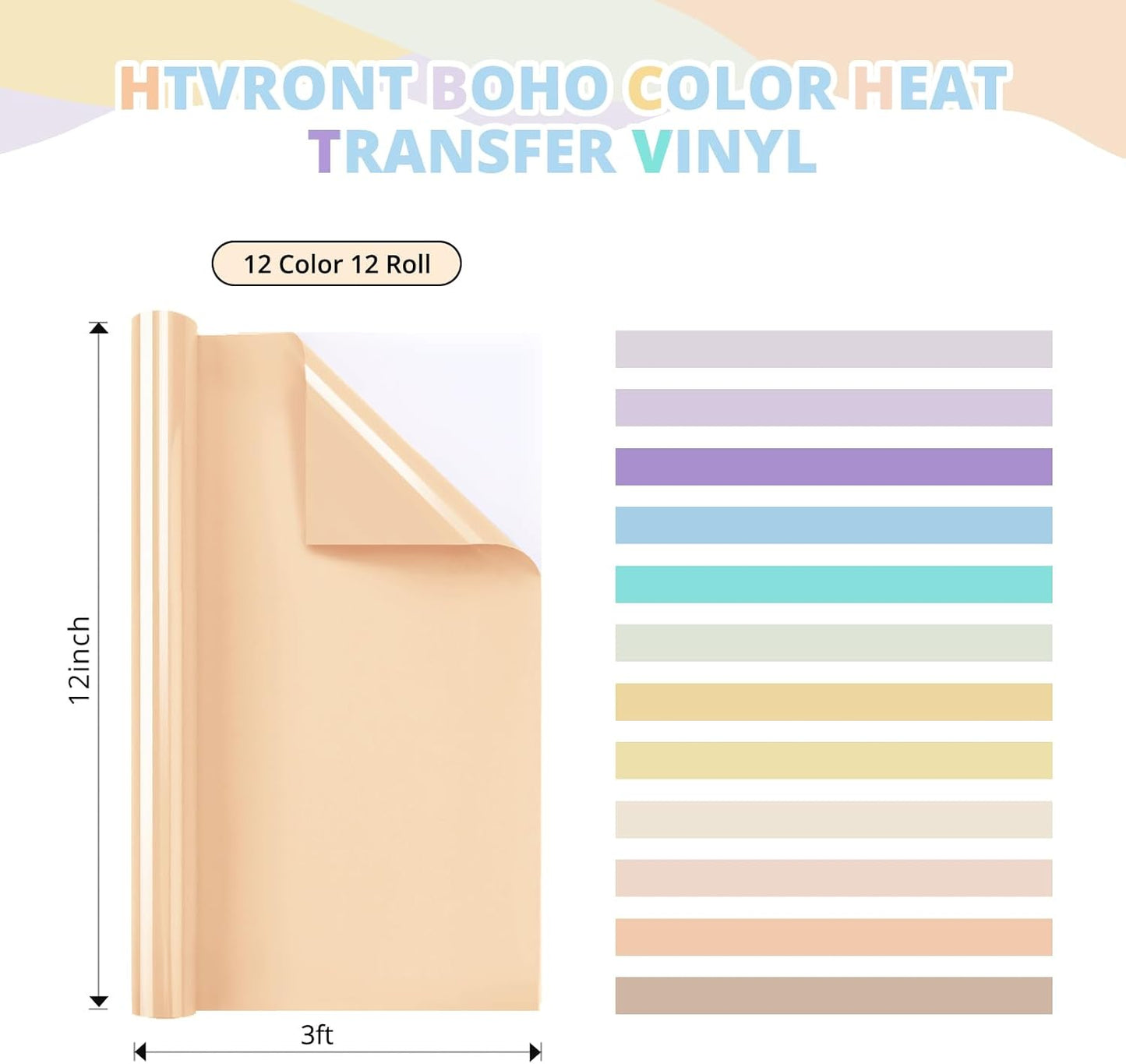 HTVRONT Boho HTV Vinyl Bundle - 12 Pack 12" × 3FT Heat Transfer Vinyl for T Shirts, Pastel Iron on Vinyl Compatible with Cricut Cutting Machine, Easy to Use HTV with 12 Macarons Color