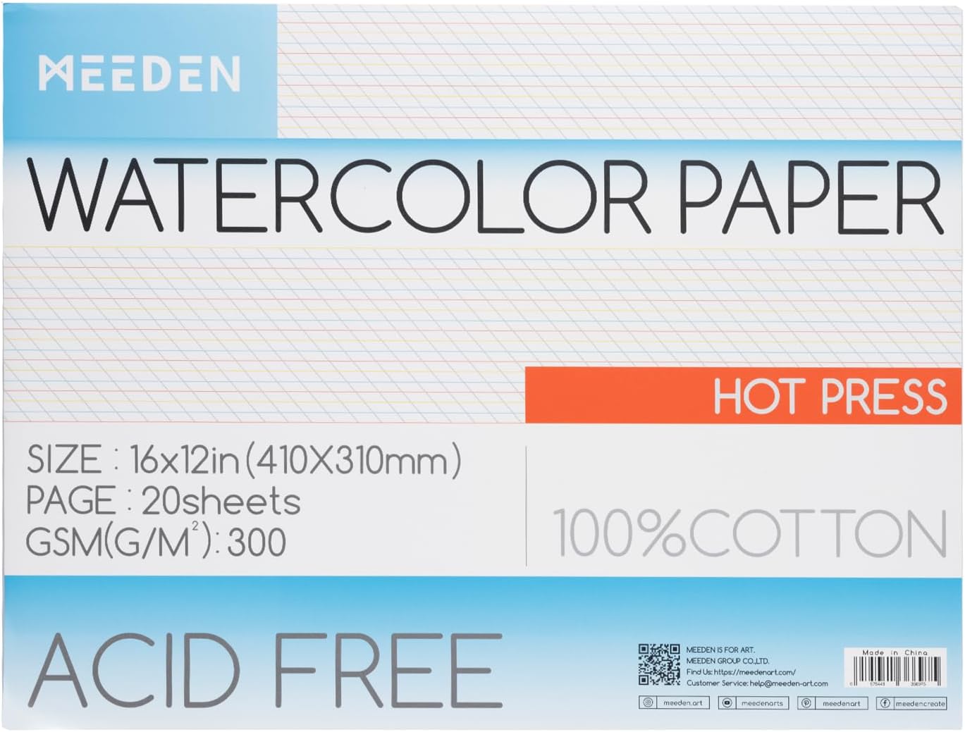 MEEDEN Watercolor Paper Block - 100% Cotton Watercolor Paper Pad of 20 Sheets, 140lb/300gsm, Acid-Free Art Paper for Watercolor, Gouache, Ink and More, 16" x 12" Hot Press