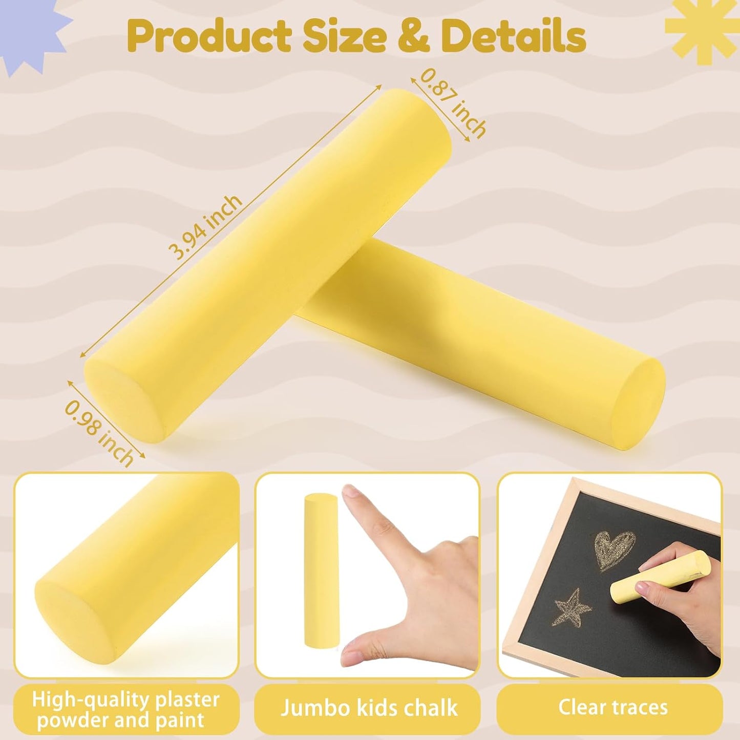 Fulmoon 40 Pcs Jumbo Sidewalk Chalk for Kids Outdoor Art Non Toxic Large Washable Street Chalk for Adults Drawing Painting Classroom(Yellow,Round Style)