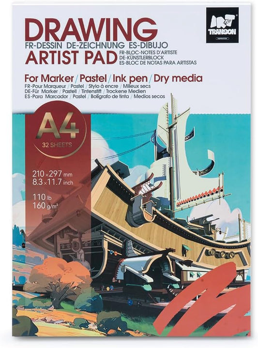 TRANSON Artist Mix Media Sketchbook Marker Pad, 8.3”x11.7” 32 Sheets A4 Art Papers, 110lb/160gsm for Painting, Drawing and Sketching