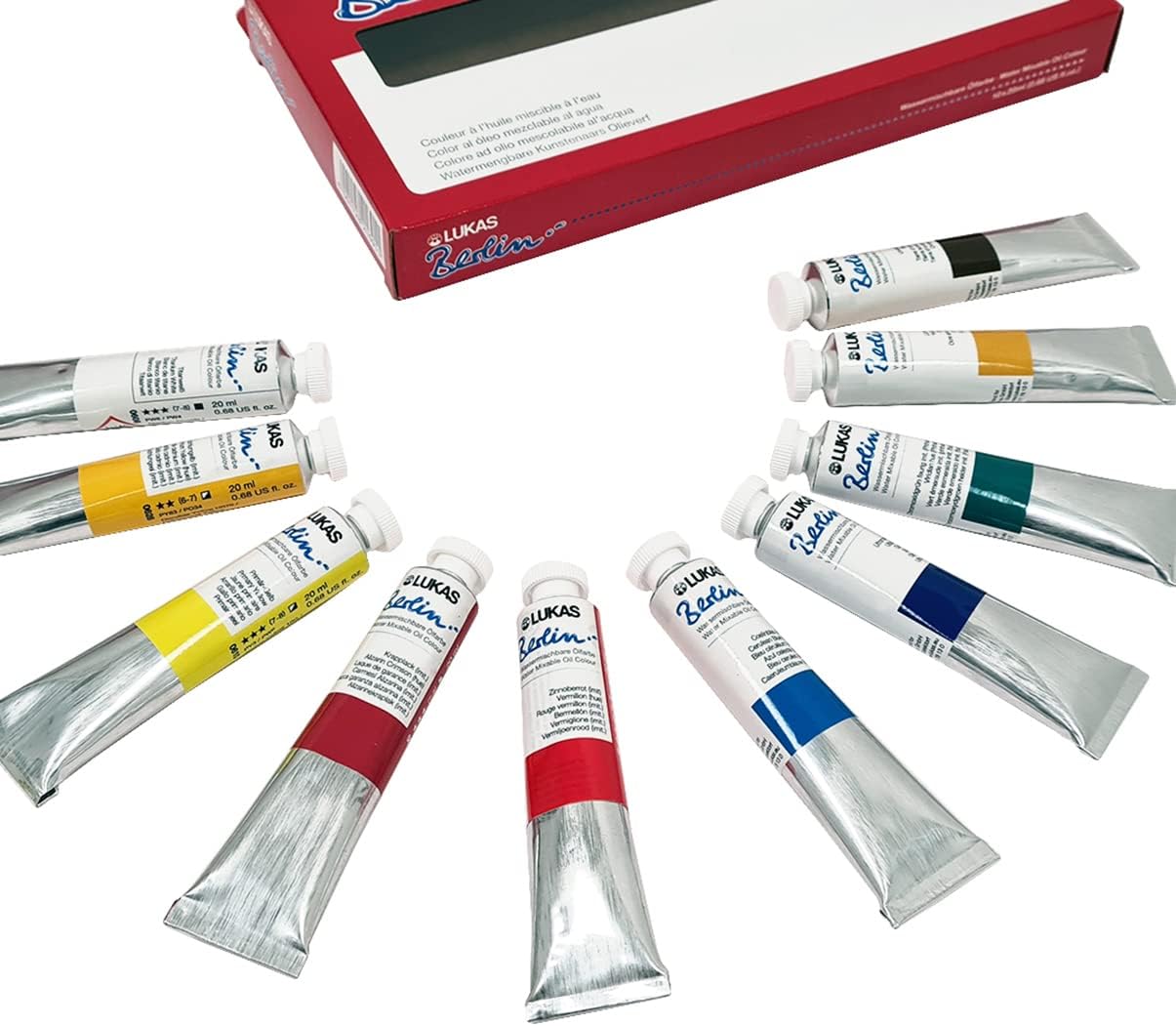 Lukas Berlin Pro Artists Water Mixable Oil Paint Set of 10 (20mL) Selection Set of 10-20 ml Tubes, Water Soluble, Lightfast Pigments, Quick Drying, Easy Clean-Up, Eco-Friendly, Professional Quality