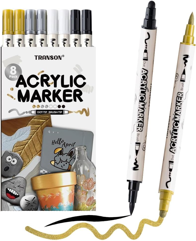 TRANSON 2 Gold, 2 Silver, 2 Black and 2 White Paint Markers Brush and Bold Dual-tip Acrylic Paint Marker Set for Rock Painting Glass Canvas Wood Leather Ceramic Painting