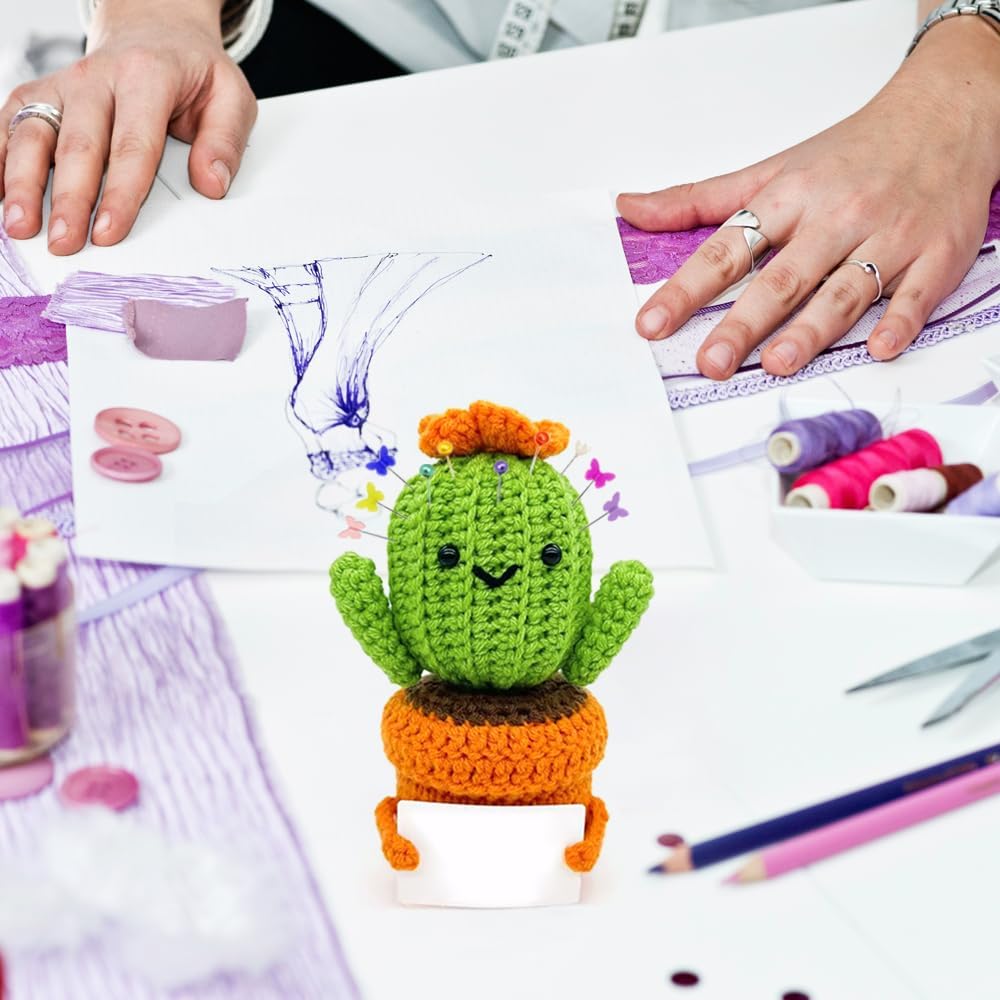 Pin Cushion,Handmade Knitted Pincushions,Cute Pin Cushions Needle Holders for Sewing Quilting Accessory, DIY Crafts or Patchwork Decor.Flowerpot Design Cactus 01