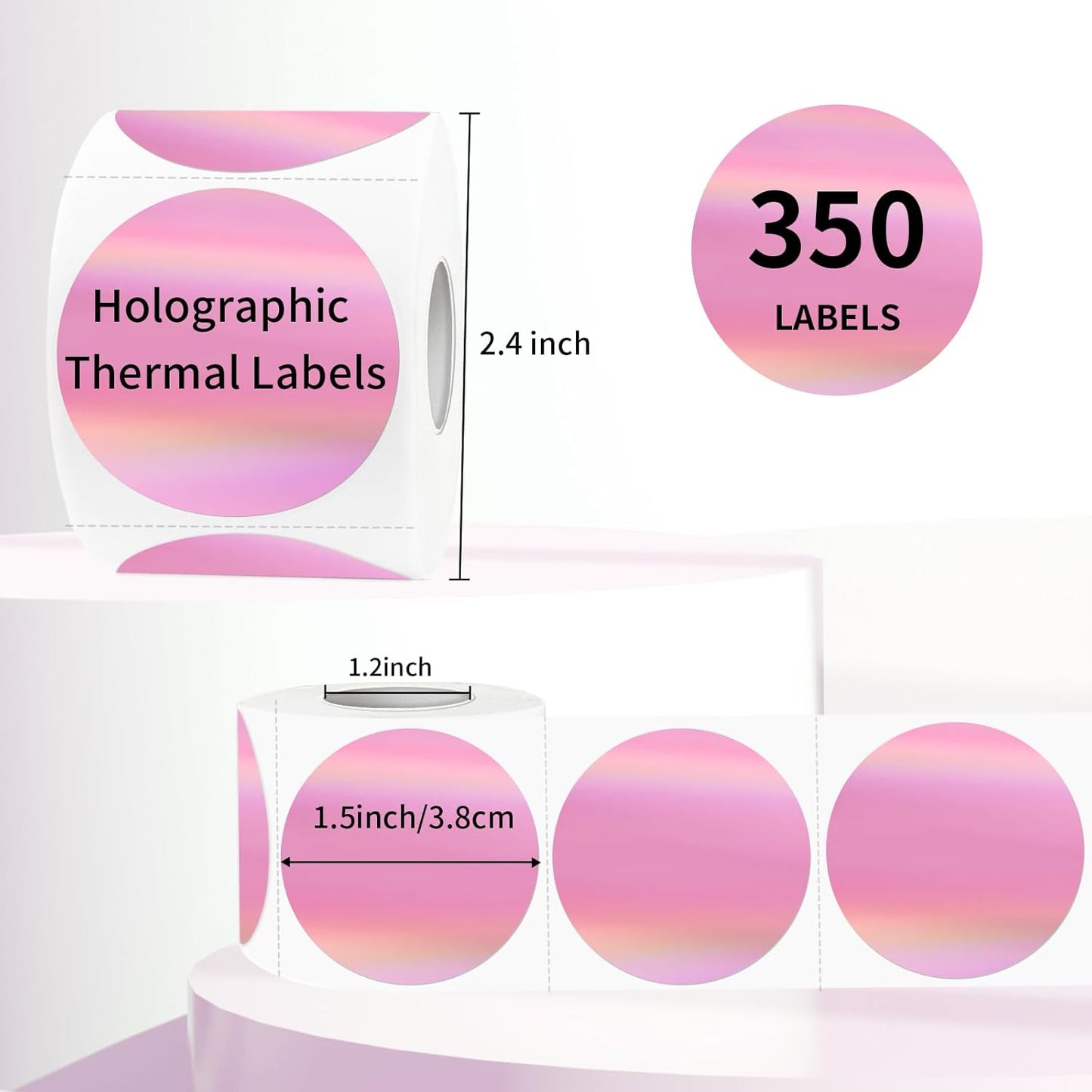 Holographic Thermal Labels Stickers 1.5 inch, Glitter Round Direct Thermal Stickers Label, Perforation Line Design- 350 Sheets/Pink