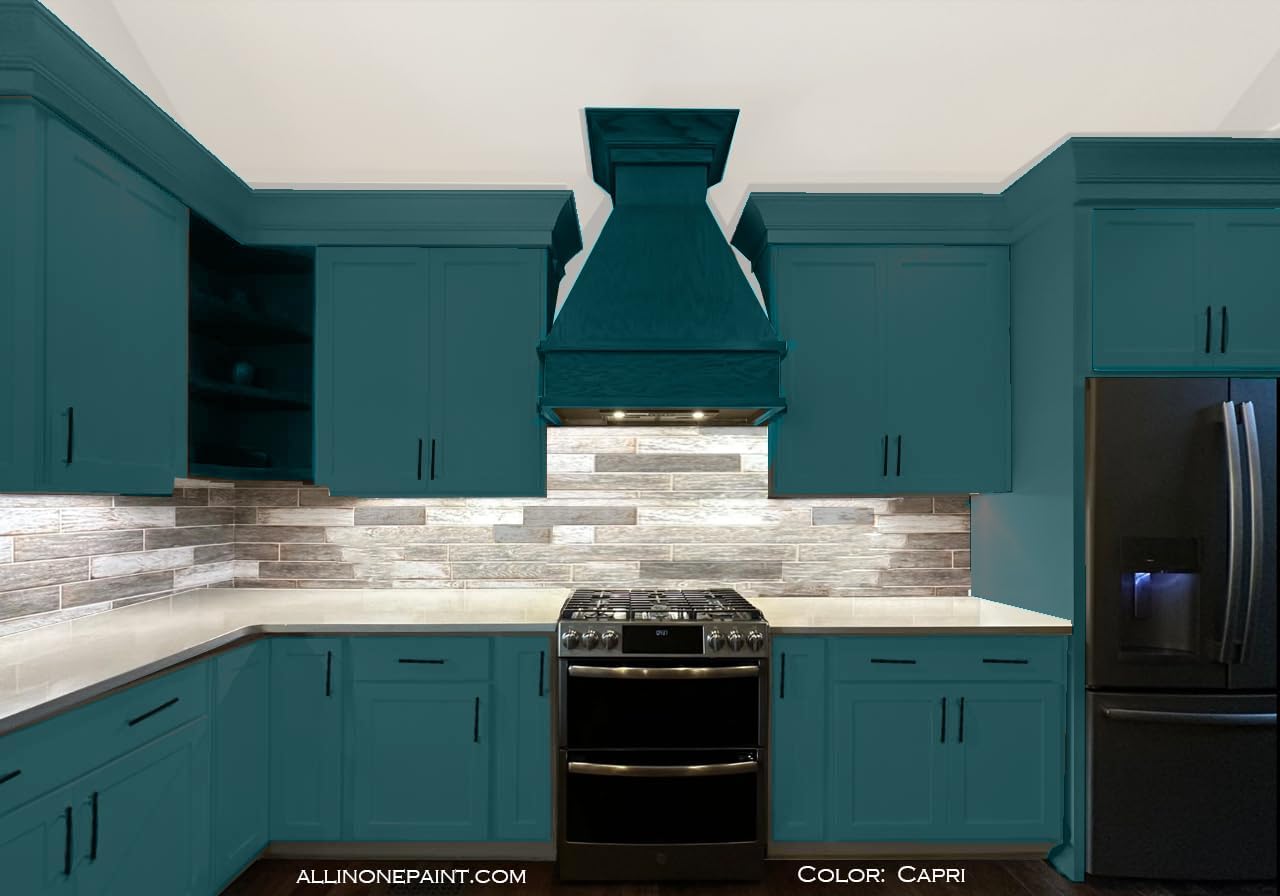 ALL-IN-ONE Paint, Durable cabinet and furniture paint. Built in primer and top coat, no sanding needed. Includes our 30 featured color card - Capri (green teal), Gallon