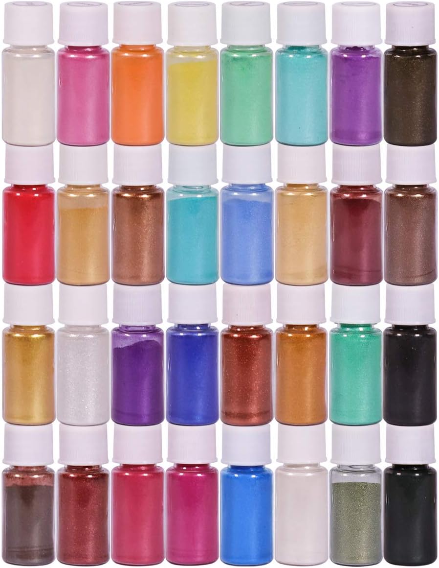SEISSO Mica Powder for Epoxy Resin, 32 Colors, 0.18 oz(5g) Bottles Mica Pigment Powder for Lip Gloss, Soap Making, Bath Bomb, Art Crafts, Resin Dye, Nails