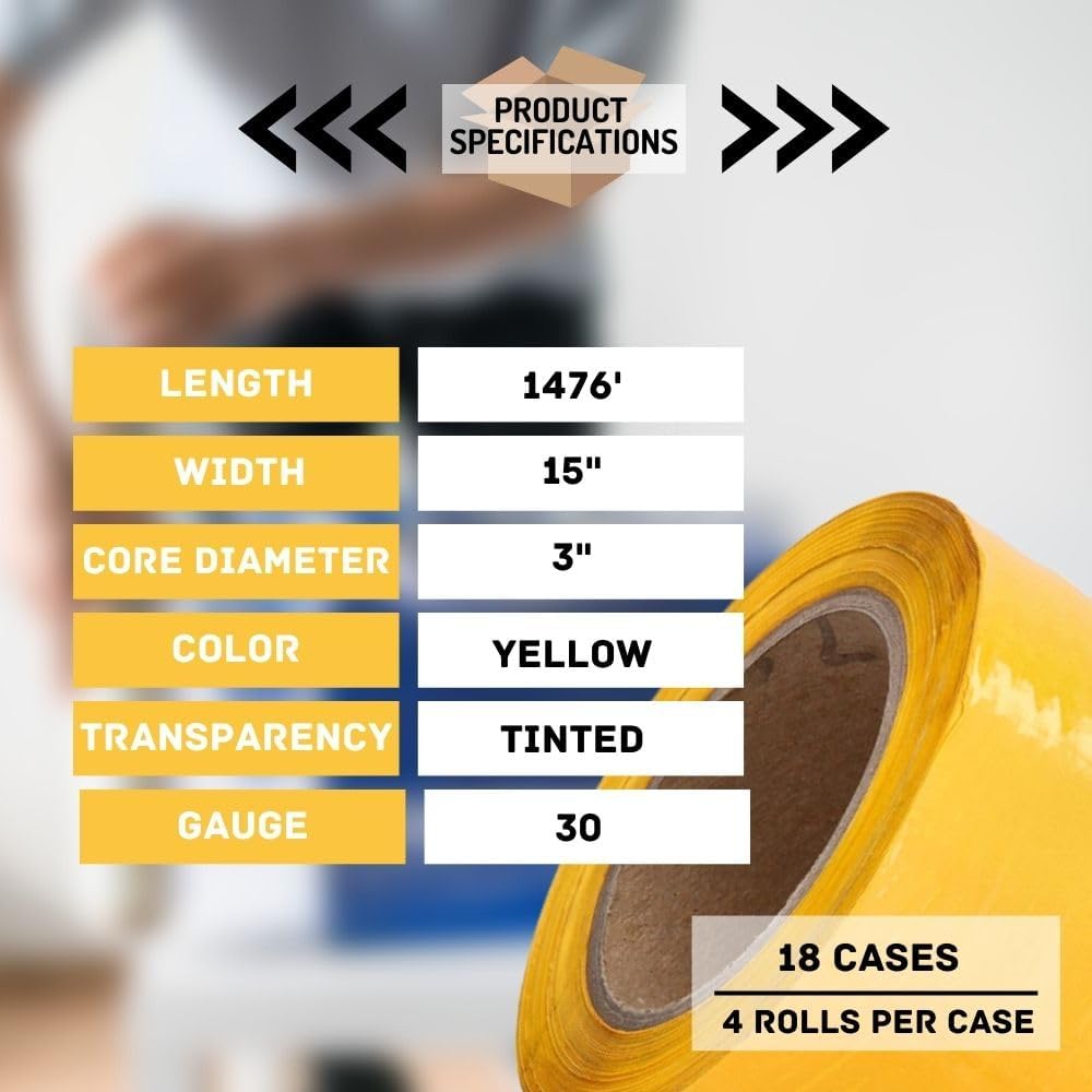PSBM Yellow Stretch Wrap, 15 Inch x 1476 Feet, 72 Pack, Tinted Pre-Stretched Shrink Wrap Film for Moving, Packaging, Pallet Wrapping