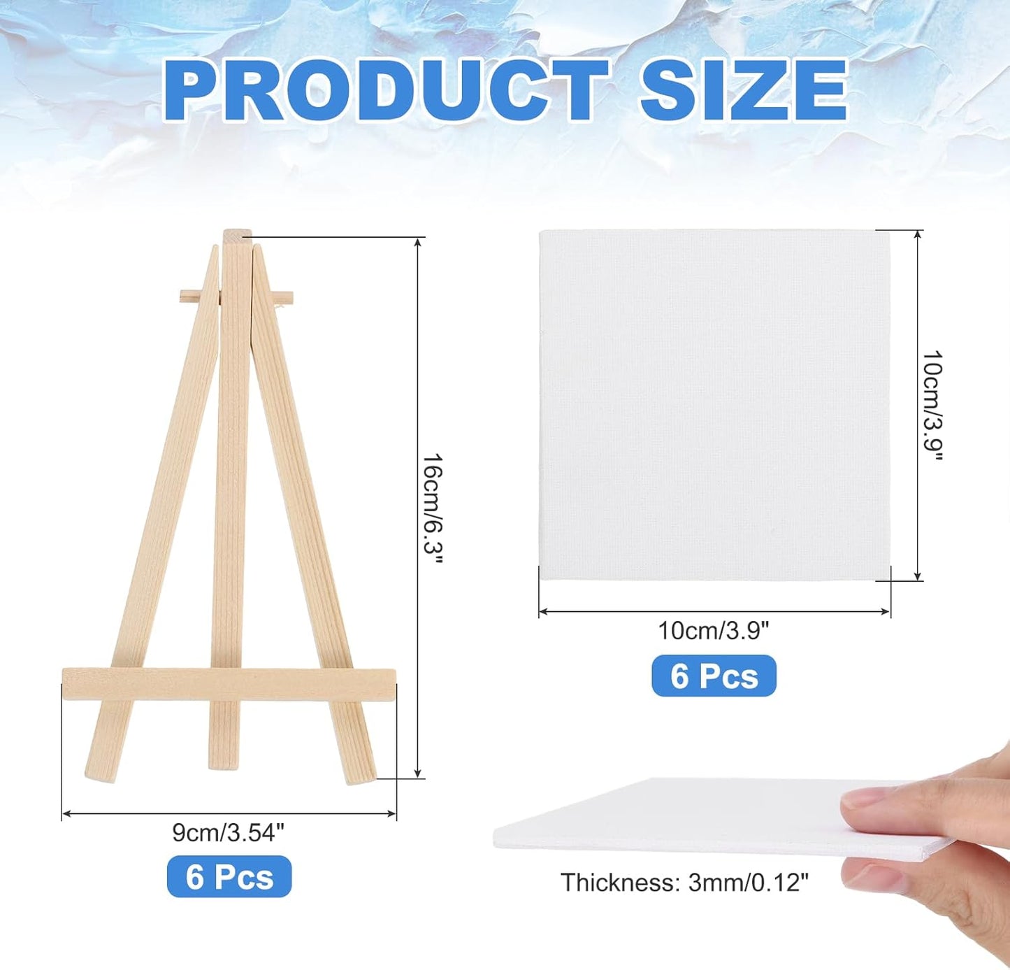 MECCANIXITY Canvas Boards for Painting with 6.3" Mini Easel Kit, 4x4 Cotton Blank Primed Art Canvas Panels Acid-Free for Painting Supplies Oil Acrylic Tempera Paint(White, Set of 6)