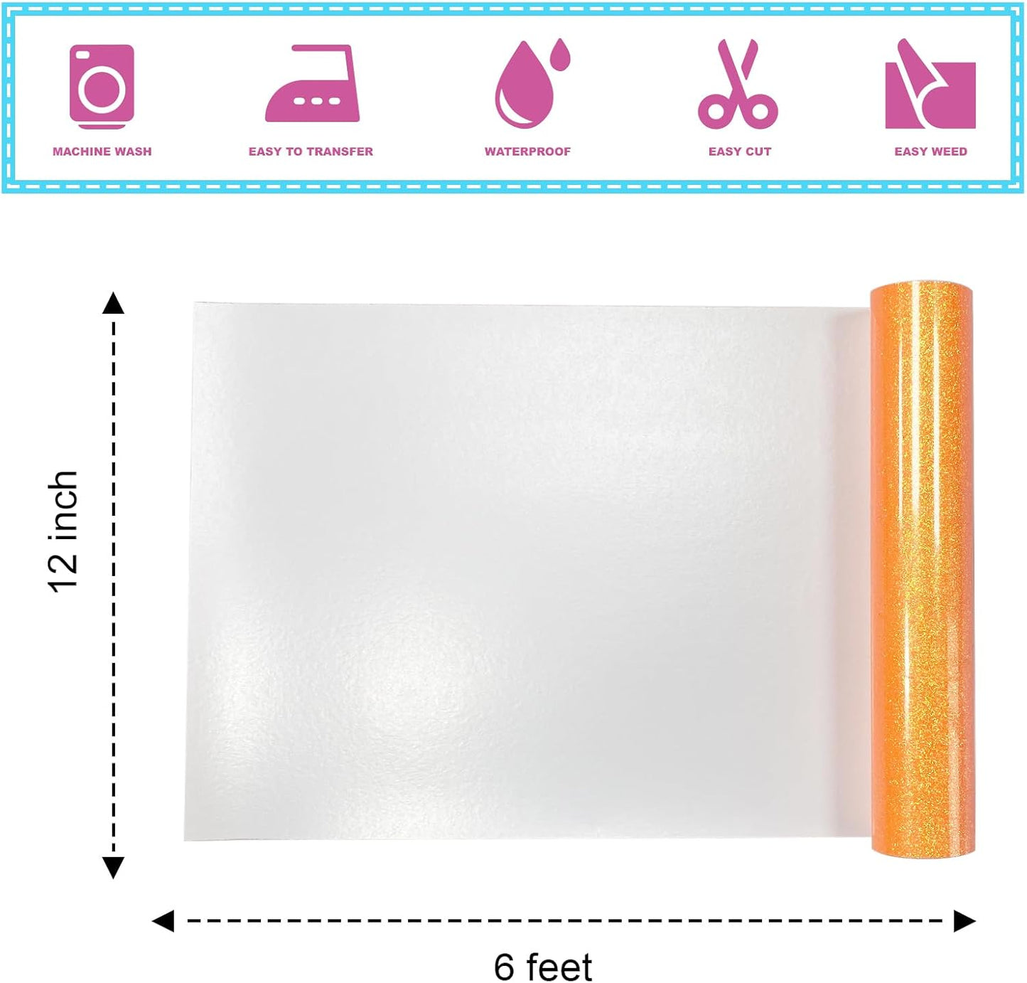 Orange Glitter Heat Transfer Vinyl 12Inch*6FT Glitter Iron on Vinyl for T Shirts Easy to Cut and Weed Compatible with All Cutter Machines HTV Vinyl Iron on for Cricut (Fluorescent Orange)