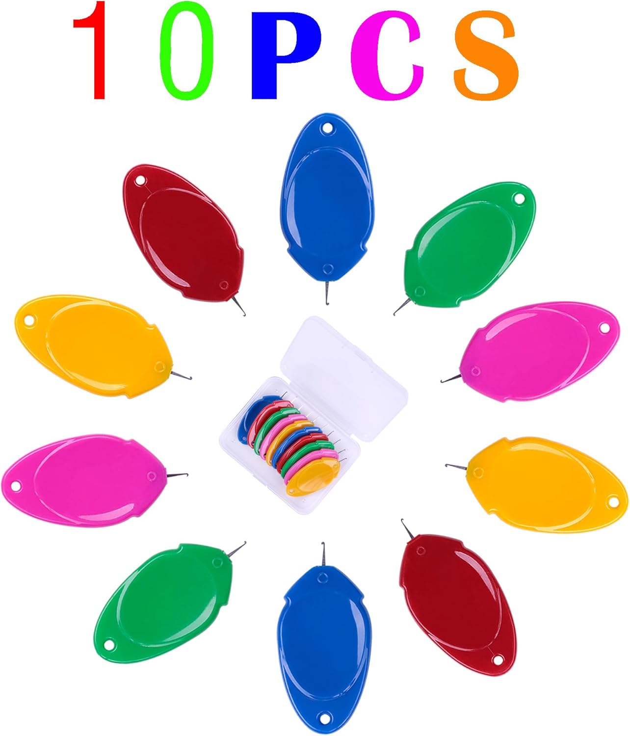 meeggrace Needle Threader, Small Needle Eye Threader Tool, Easy Threader for Machine and Hand Sewing, Fast and Precise Threading, Ideal for Needlework, with Transparent Box, 5 Colors in A Box(10PCS)