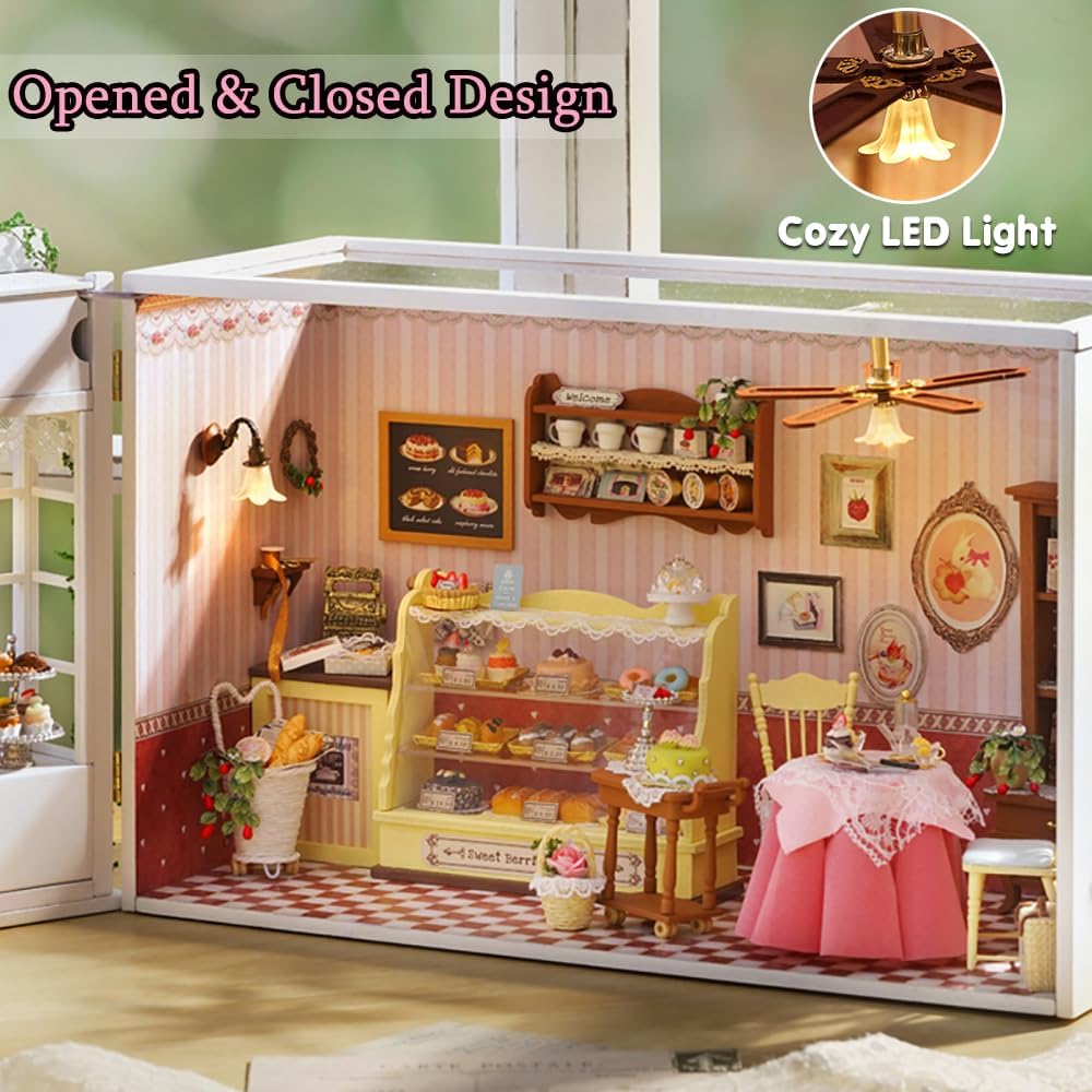 TuKIIE DIY Miniature Dollhouse Kit with Furniture, 1:24 Scale Creative Room Opened & Closed Wooden Doll House Plus Dust Proof & Music Movement for Kids Teens Adults(Sweet Berries Time)