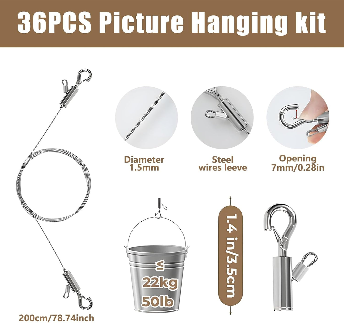 12PCS Picture Hanging Wire Kit for Mirrors, Frames, Artwork, Light Lamp, Billboards, Basket Flowerpot 6.56ft Adjustable Hanging Wire, 3-Hole D Rings Picture Hangers with Screws