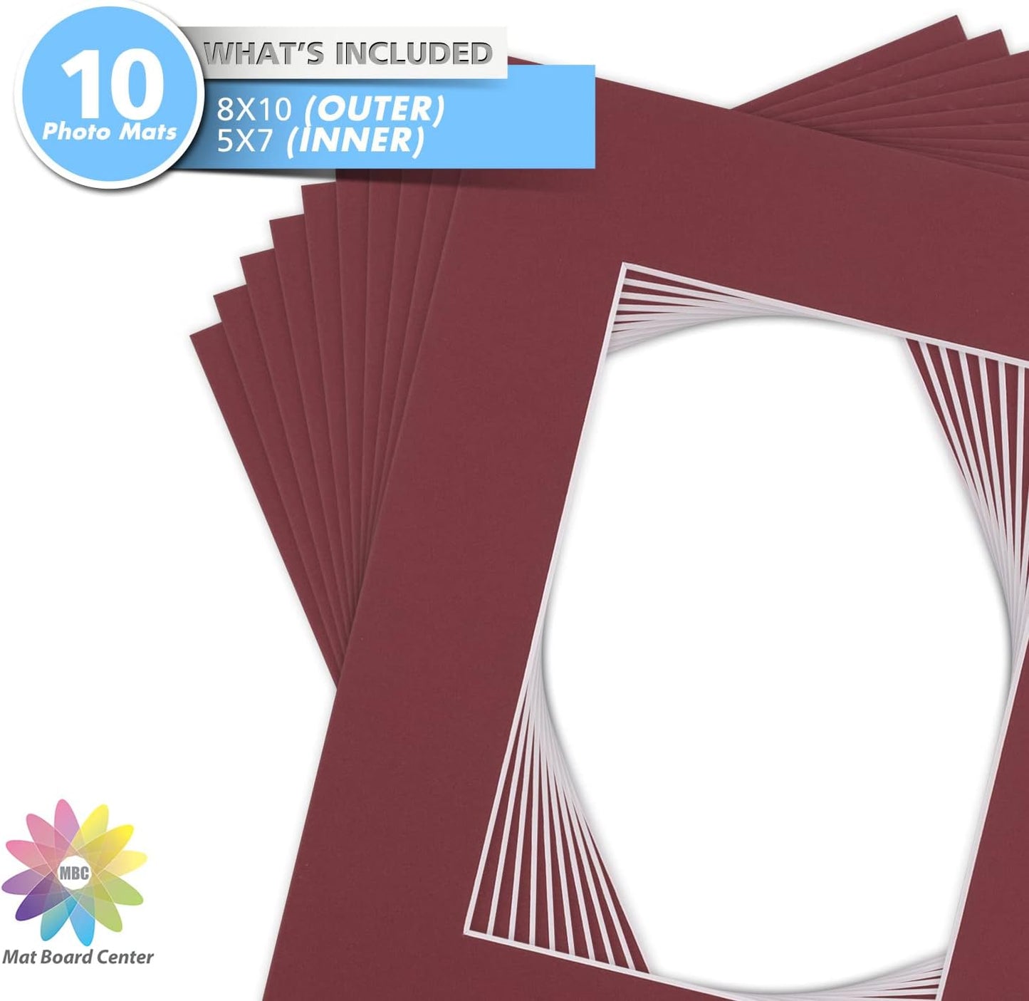 Mat Board Center, Pack of 10, 8x10 for 5x7 Maroon Color Mats - Bevel Cut, Acid Free, 4-ply Thickness, White Core - for Pictures, Photos, Framing