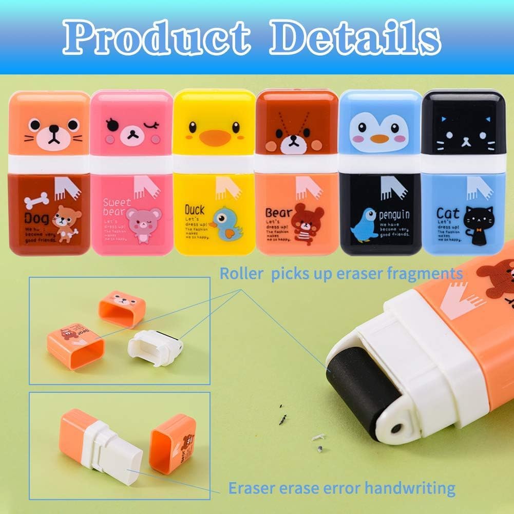 Sooez 12 Pack Pencil Erasers, Cute Erasers Pencil Eraser with Clean up Roller Pencil Eraser Shaving Roller Case Erasers for Party Favors Gift Supplies